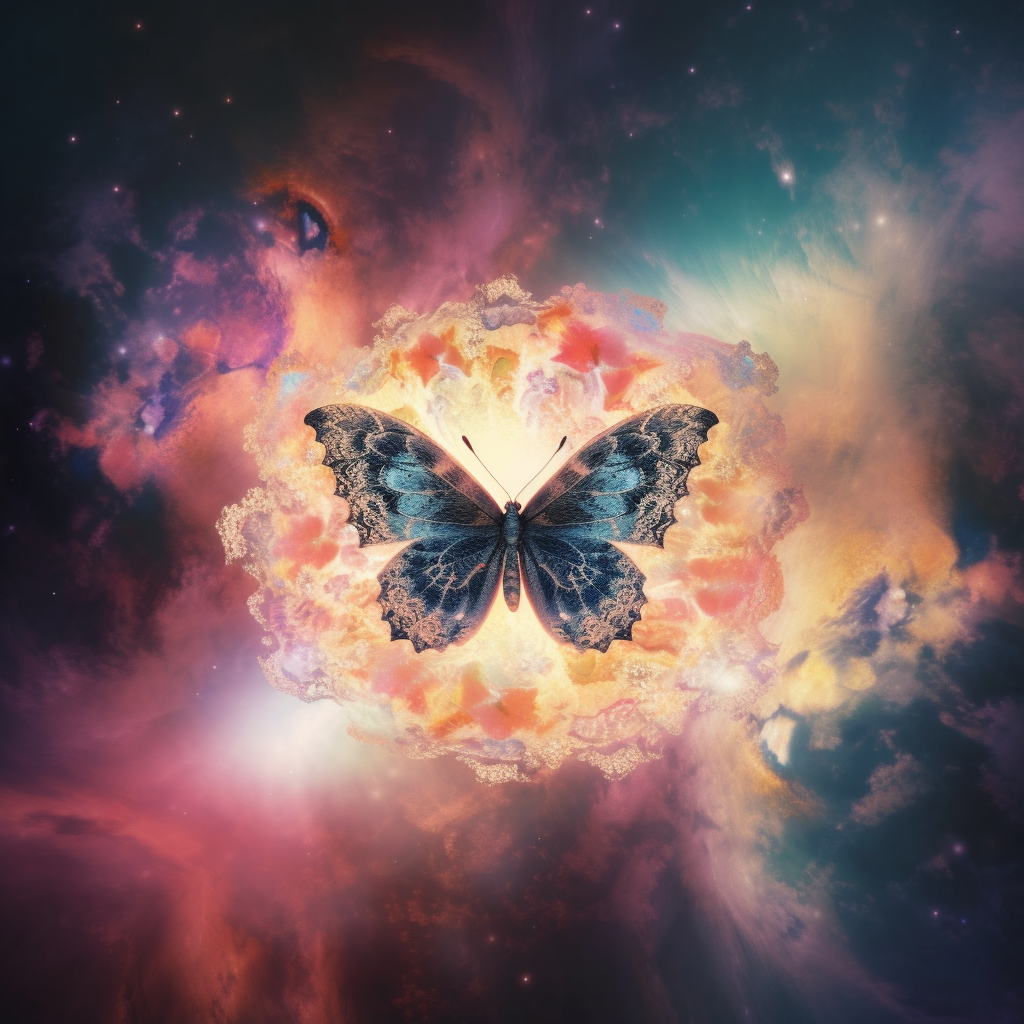 ai generated butterfly with a background of sunshine and clouds flying in a universe