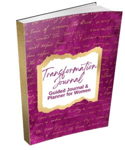 Cover of Transformation Journal with wine colored background with gold foil handwriting with an overlay white box with gold foil border for title of journal.